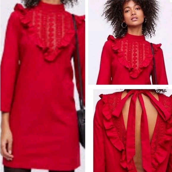 FREE PEOPLE Lorna 100% Cotton Back Neck Bow Ruffle Crochet Mini Dress Size XS - Picture 2 of 5